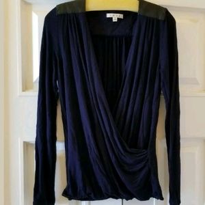 Cabi Long Sleeve Top W/Faux Leather Shoulder Sz S